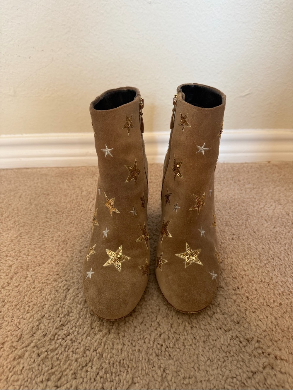The Fix Sparkly Star-Embellished Tan Suede Ankle Boots